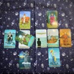 A tarot card spread, celtic cross format.