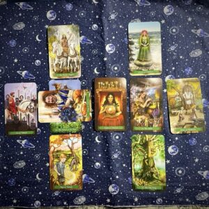 A tarot card spread in the celtic cross style
