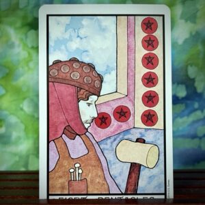 The tarot card, the Eight of Pentacles