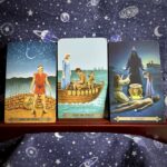 The tarot cards Nine of Wands, Eight of Pentacles and Death